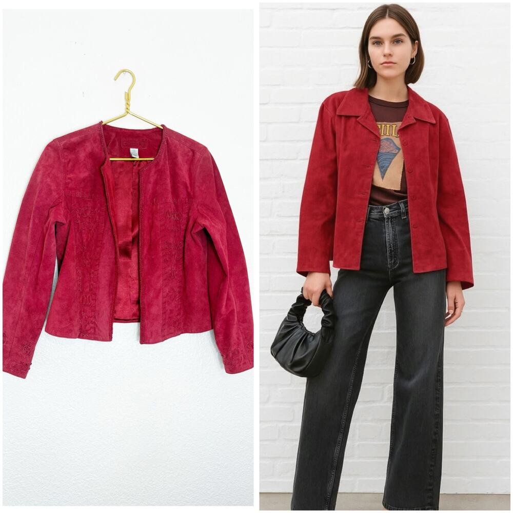 Vintage Chico’s Red Suede Leather Jacket Size Medium Boho Western Embroidered